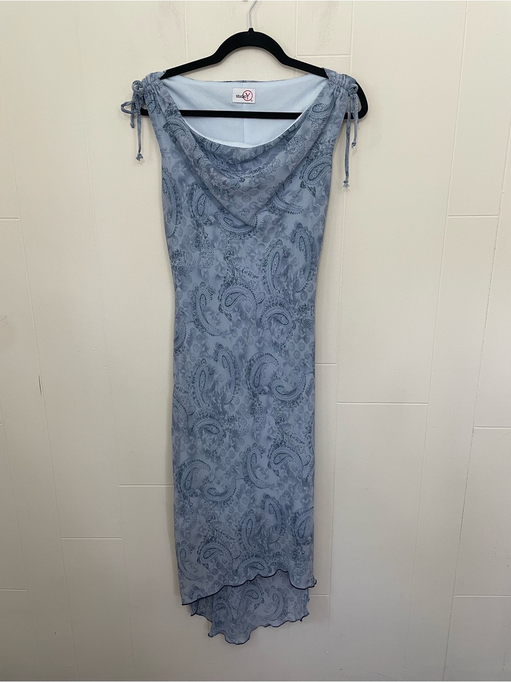 Vintage Y2K Sleeveless Midi Dress Size 5 Blue Paisley Cowl Neck High Low Hem